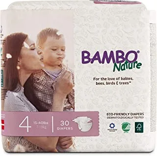 Bambo Nature Eco Friendly Premium Baby Diapers for Sensitive Skin, Size 4 (15-40 lbs), 30 Count