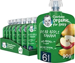 Gerber Organic Puree, Pear, Apple & Banana, Baby Food, From 6 Months, Pouch, 90g (6 Pouches)