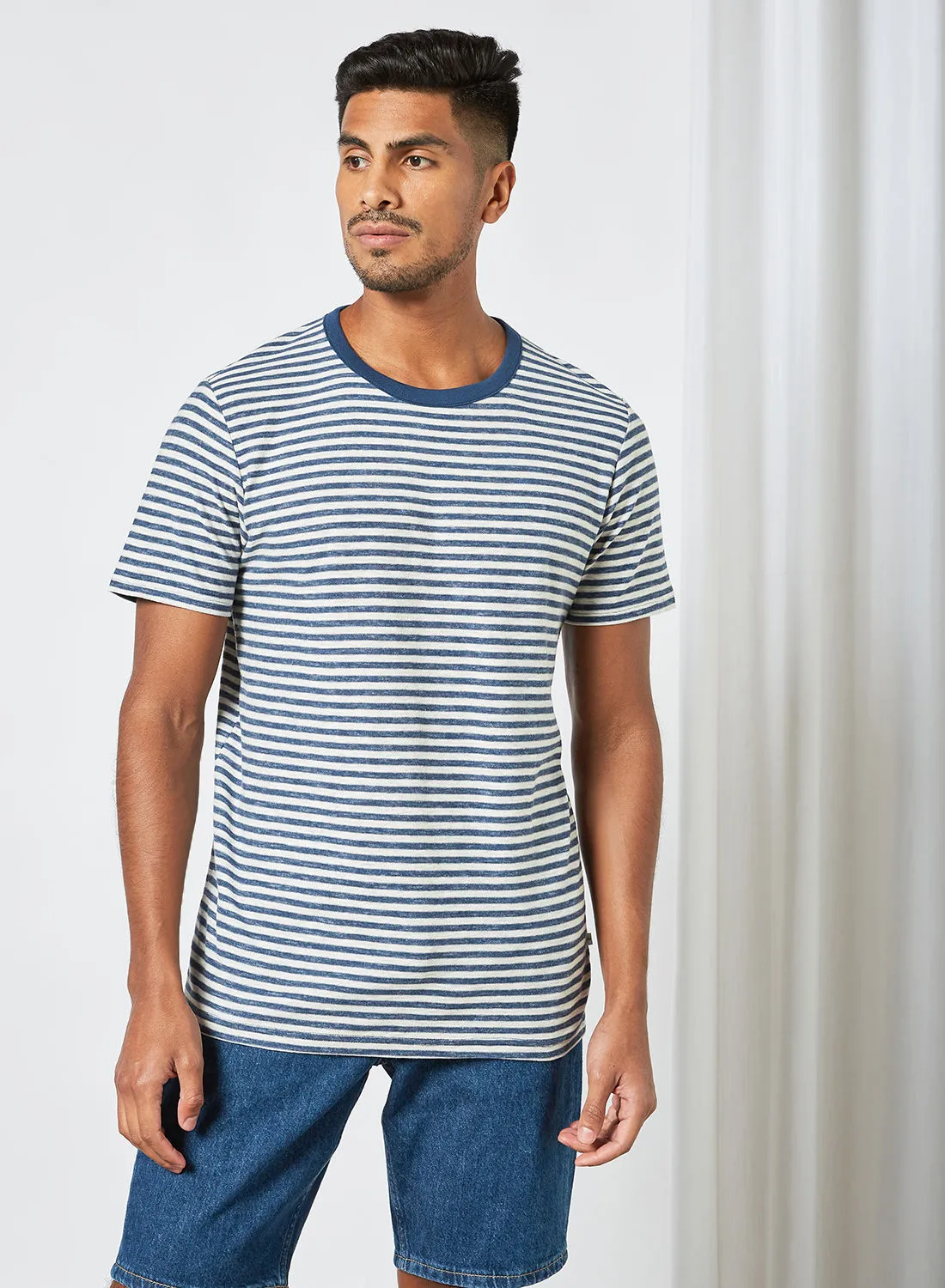 Selected Homme Stripe Print T-Shirt Dark Blue
