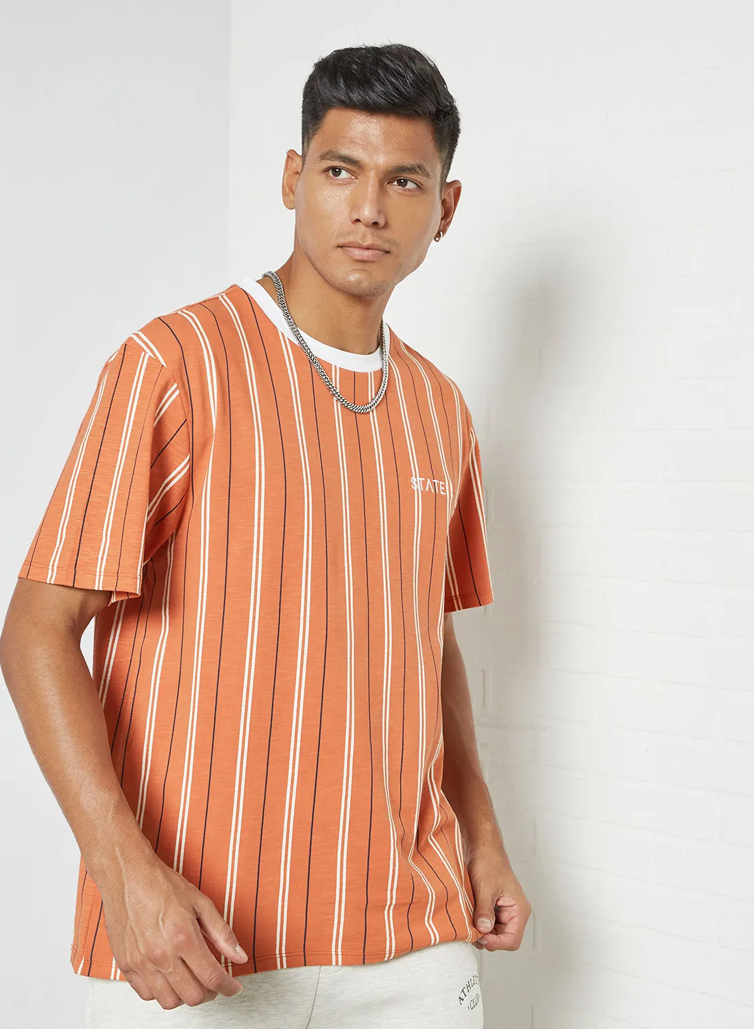 STATE 8 Logo Print Striped T-Shirt Orange