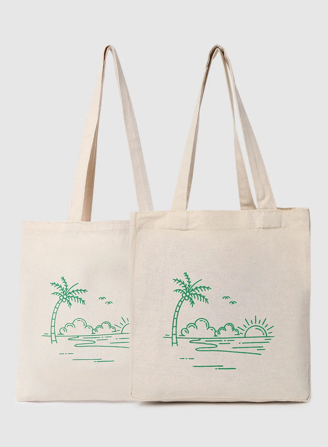 Amal Pack Of 2 Beach Print Canvas Shopping And Grocery Bags Color Shade May Vary Green/Beige