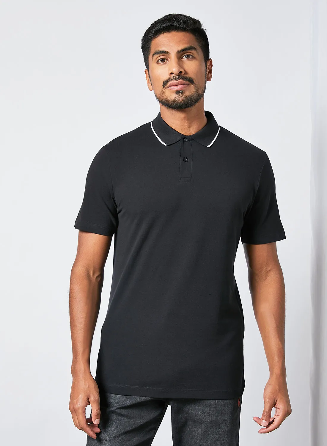Selected Homme Contrast Collar Trim Polo Black