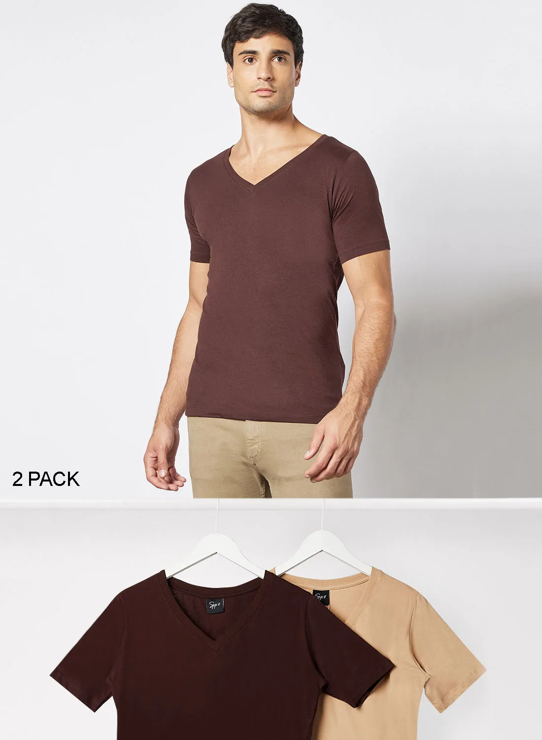 STATE 8 Essential V Neck T-Shirt (Pack of 2) Burgundy/Beige