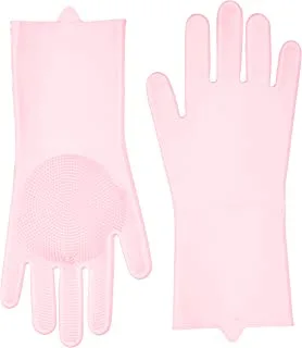Silicone Dishwashing Gloves, Scrubber Cleaning Gloves For Kitchen, Bathroom And Pet, Latex Free (Pink, 1 Pair)