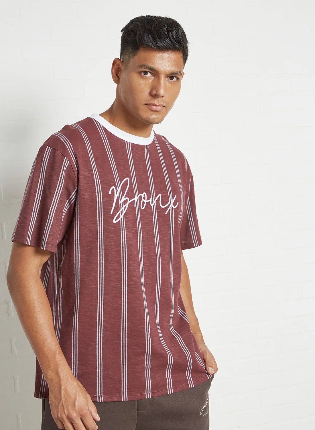 STATE 8 Text Print Striped T-Shirt Brown