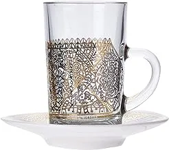 Glass+Porcelain Tea Glass+Saucer Set 12Pcs Sana Gold+Platinum