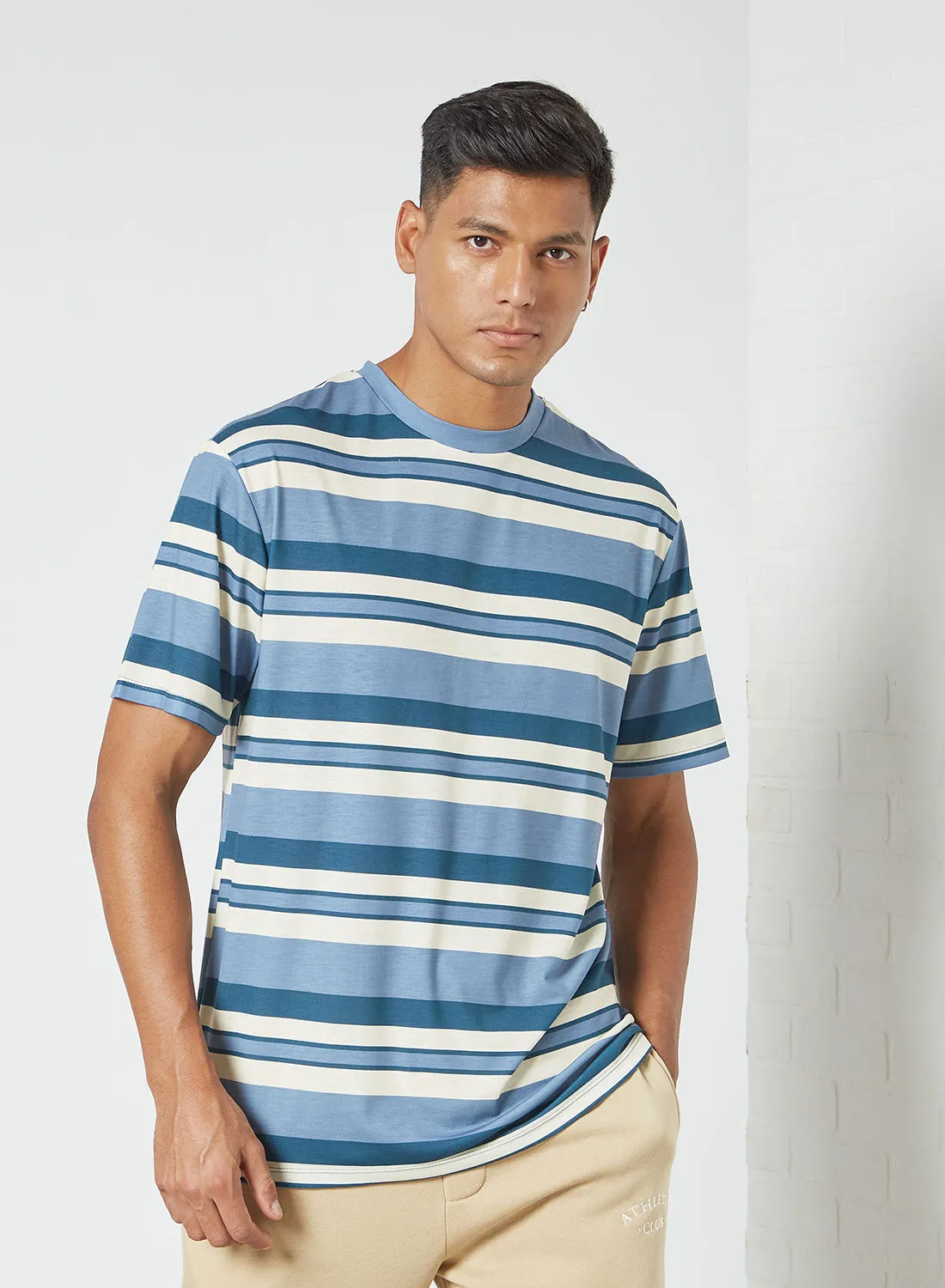 STATE 8 Stripe Print T-Shirt أزرق فاتح