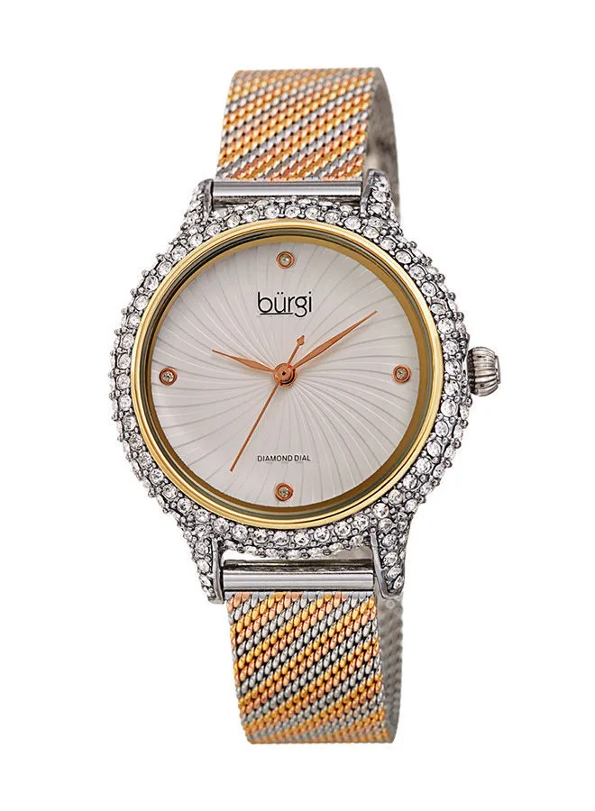 Burgi Ion Plated Silver Tone Swarovski Crystal Studded Case, Gold Tone Bezel, with 4 Diamond Markers, on a TRI Tone Mesh Band