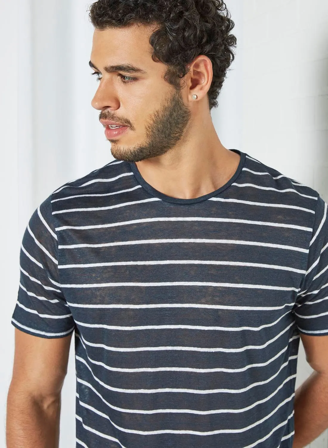 MANGO Striped Linen T-Shirt Navy