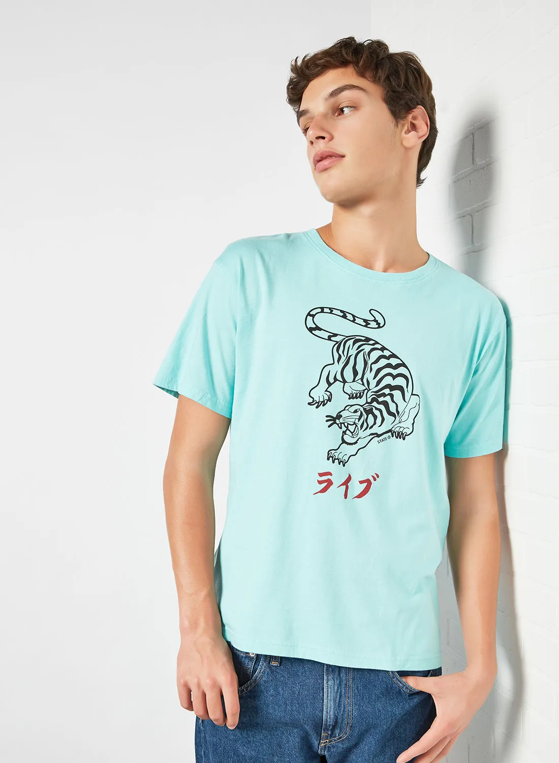 STATE 8 Tiger Graphic Print T-Shirt Mint Blue