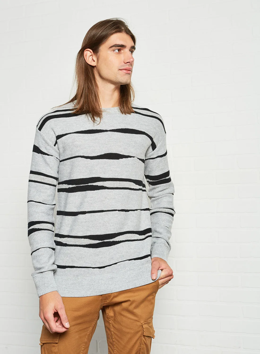 JACK & JONES Stripe Print Sweater Light Grey Melange