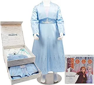 Party Centre Disney Elsa Frozen 2 Deluxe Girls' Costume Box Set, Includes Dress With Cape, Wand, Crown, And Small Bag, For Ages 9-10 Years (Xlarge), Blue