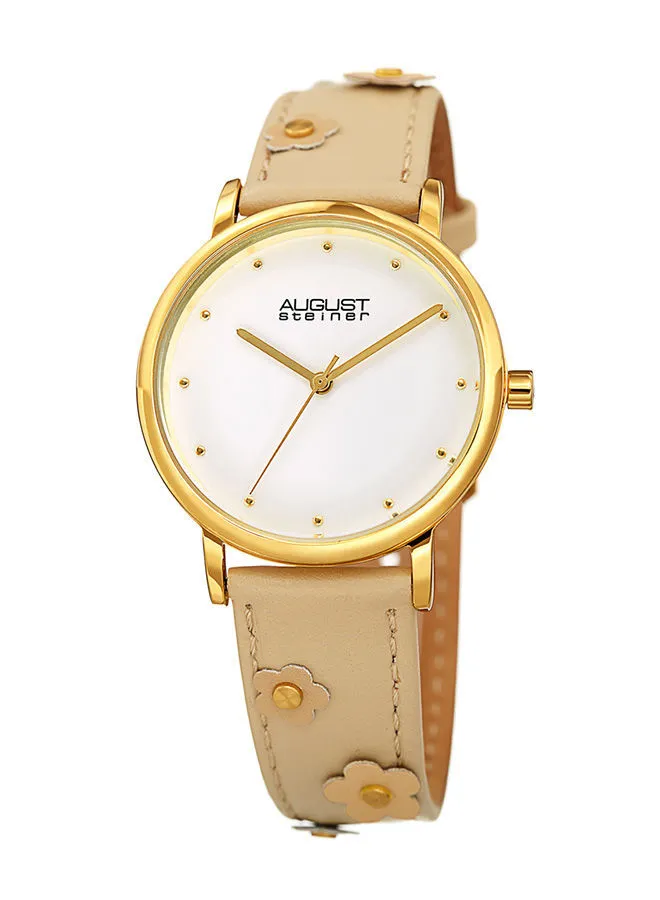 August Steiner Ion Plated Gold Tone Case with Nude Leather Strap with Nude and White Flowers, White Dial and Gold Tone Accents