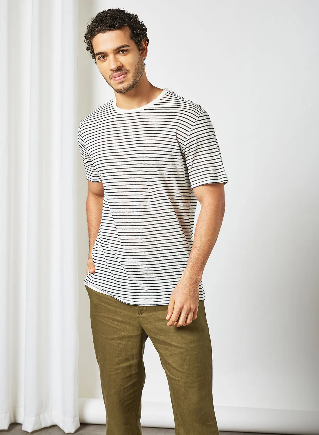 MANGO Stripe Print T-Shirt Navy
