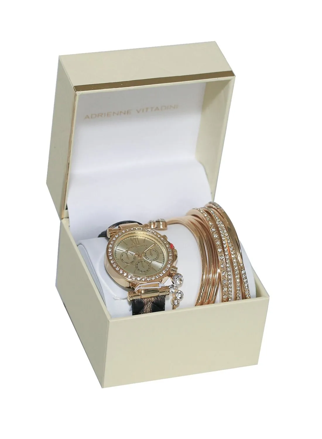 ADRIENNE VITTADINI Women's Ladies Analog Watch Gold Case with Crystals Gold Dial Animal Print Leather Strap