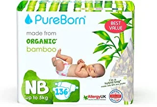 PureBorn Organic/Natural Bamboo Baby Disposable Diapers/Nappy |Mega Value Pack| from 0 to 4.5 Kg | 136 Pcs |Assorted Colors|Super Soft|Maximum Leakage Protection|New Born Essentials|Eco Friendly