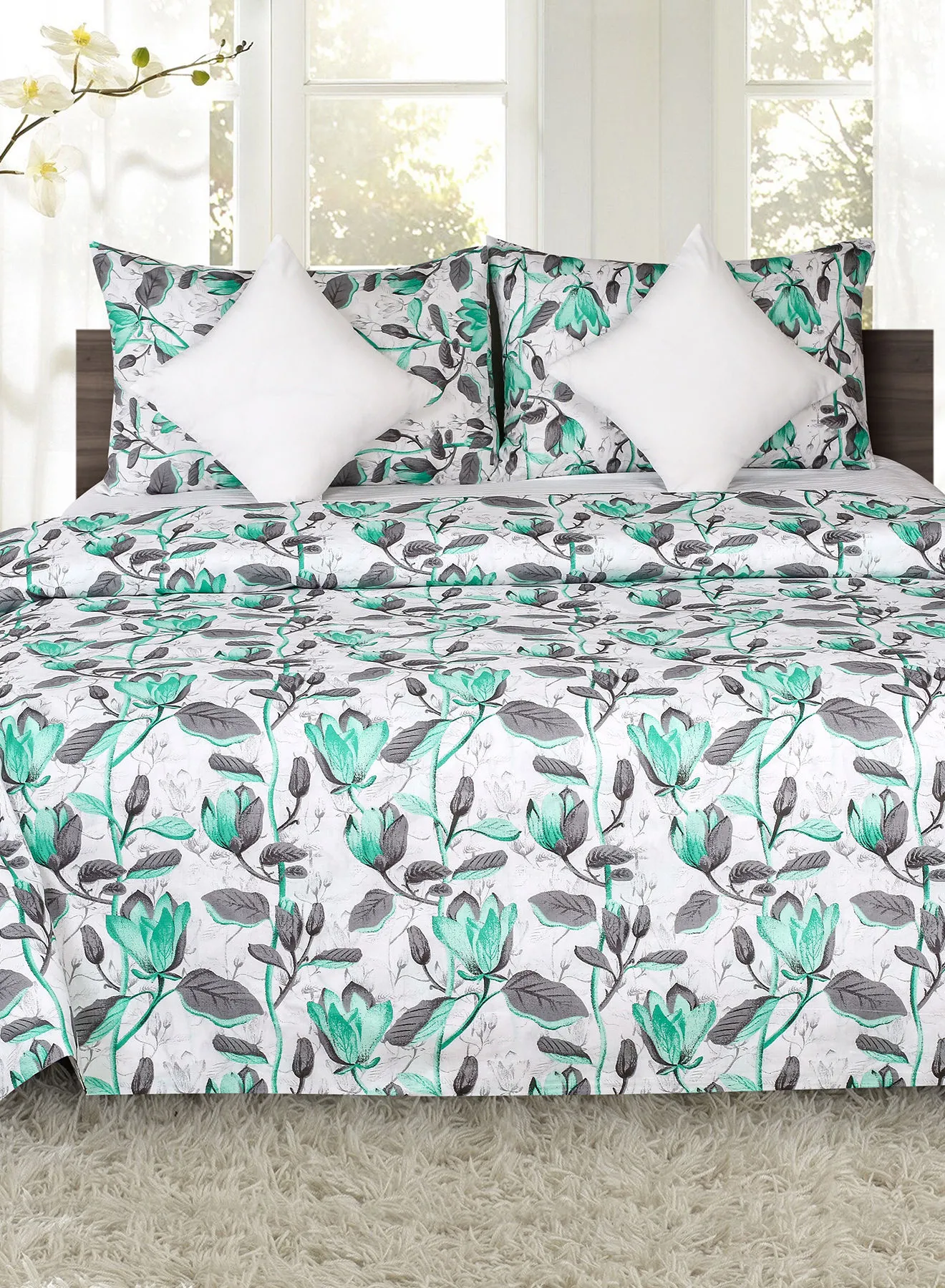 Amal Duvet Cover - With Pillow Cover 50X75 Cm, Comforter 200X210 Cm, 40X40 - For Queen Size Mattress - Green/Grey Microfiber -
