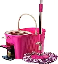 360 Rotating Spin Mop Steel Dry Bucket With Padle - Pink