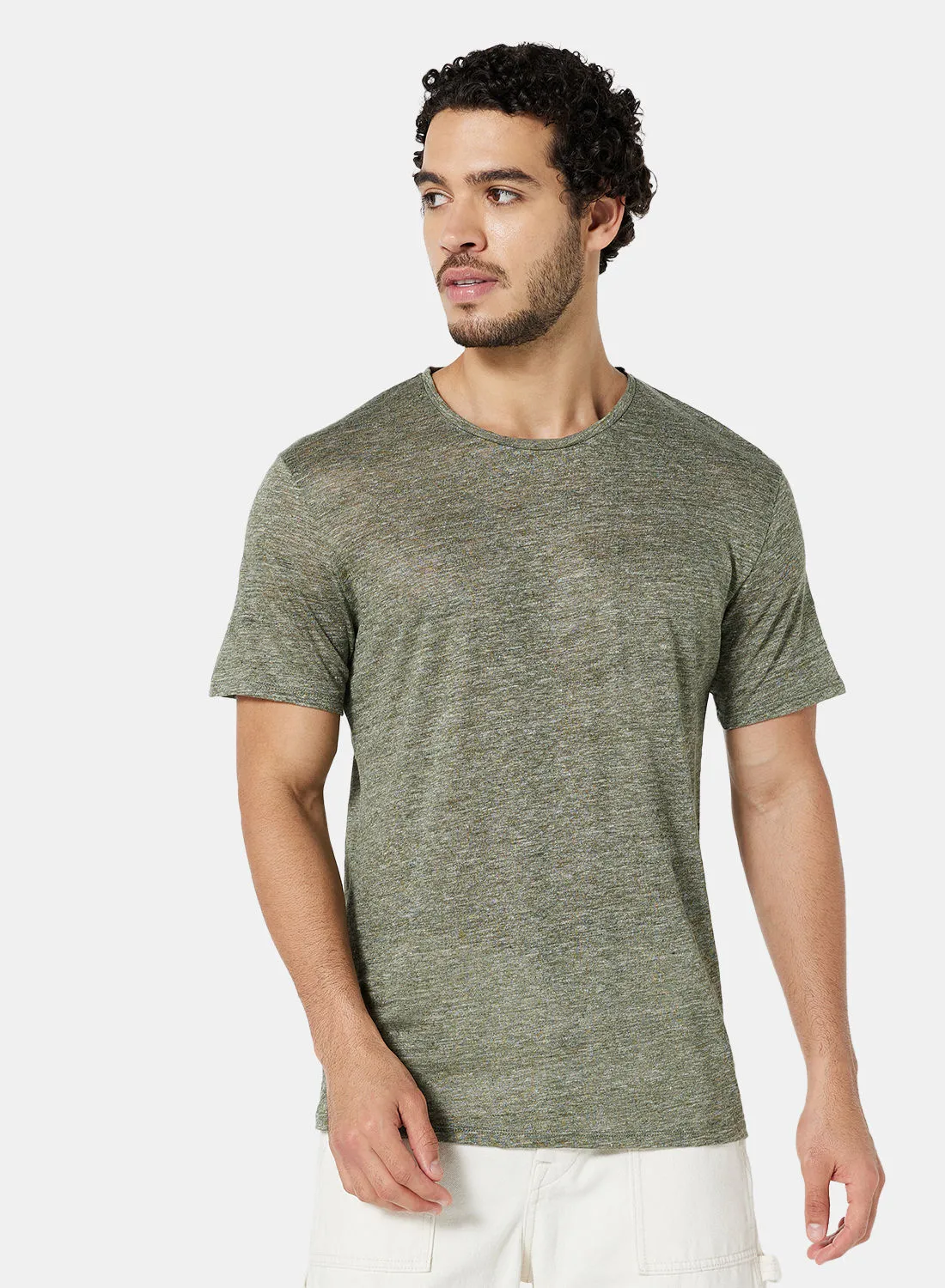 MANGO Crew Neck Linen T-Shirt أخضر