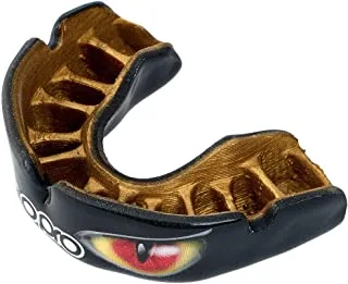 OPRO Power-fit Adult Mouthguard - Combines several features that give it the absolute premium in comfort, fit, and protection - Aggression-Eyes, Black/Gold/Red