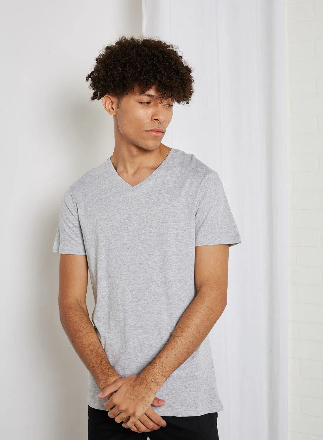 Cotton On Essential V-Neck T-Shirt Light Grey Marle