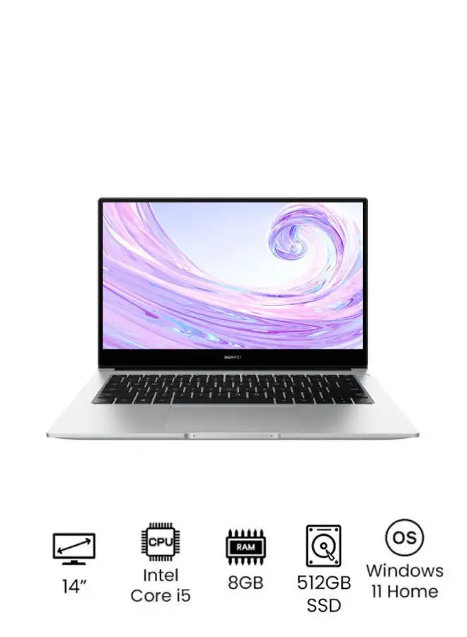 HUAWEI MateBook D 14 Laptop With 14-Inch Display, Core i5-1135G7 Processor/8GB RAM/512GB SSD/Intel Iris Xe Graphics/Windows 11 Home English Mystic Silver