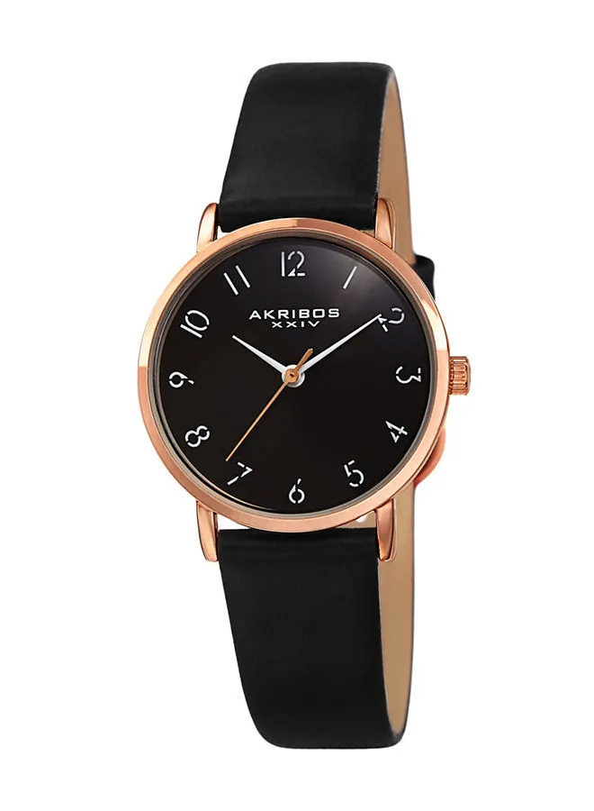 Akribos XXIV Ion Plated Rose Gold Tone Petite Case with Domed Crystal, a Black Dial and Black Leather Strap