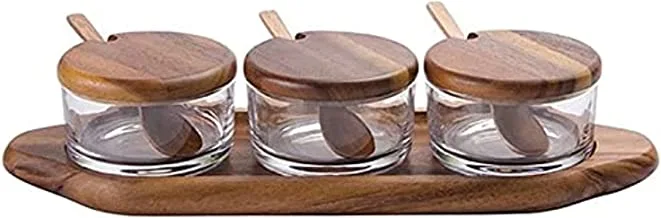 Billi Glass Spice Jars Set Of 3 - Condiment Pots Storage Jars With Wooden Lids, Spoons, Base - Glass Canisters Seasoning Box For Condiment, Salt, Sugar, Herb, Brown, ACA-HG527/3T WL