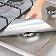 SHOWAY Stovetop Burner Protectors, 4Pcs Black & Reusable Cooking Kitchen Non-Stick Gas Range Protectors Silver