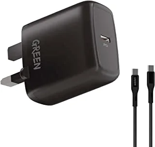 Green Type-C Port Wall Charger 20W UK with PVC Type-C to Type-C Cable 1.2M - Black