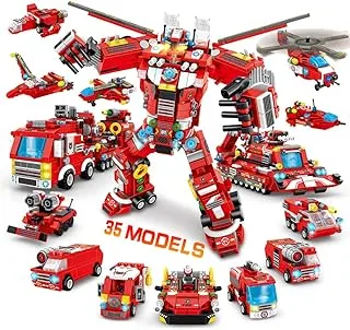 VATOS Fire Robot STEM Building Toys - مجموعة مكعبات بناء 836 قطعة للأولاد بعمر 6-12 سنة؟ 35 نموذجًا لمركبات المطافئ ومركبات البناء هدية عيد ميلاد للأطفال بعمر 6 7 8 9 10 11 12