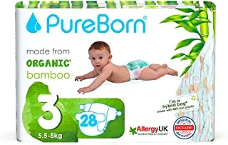 PureBorn Organic/Natural Bamboo Baby Disposable Size 3 Diapers/Nappy |Single Pack| from 5.5 to 8 Kg | 28 Pcs |Assorted Prints|Super Soft|Maximum Leakage Protection|New Born Essentials|Eco Friendly