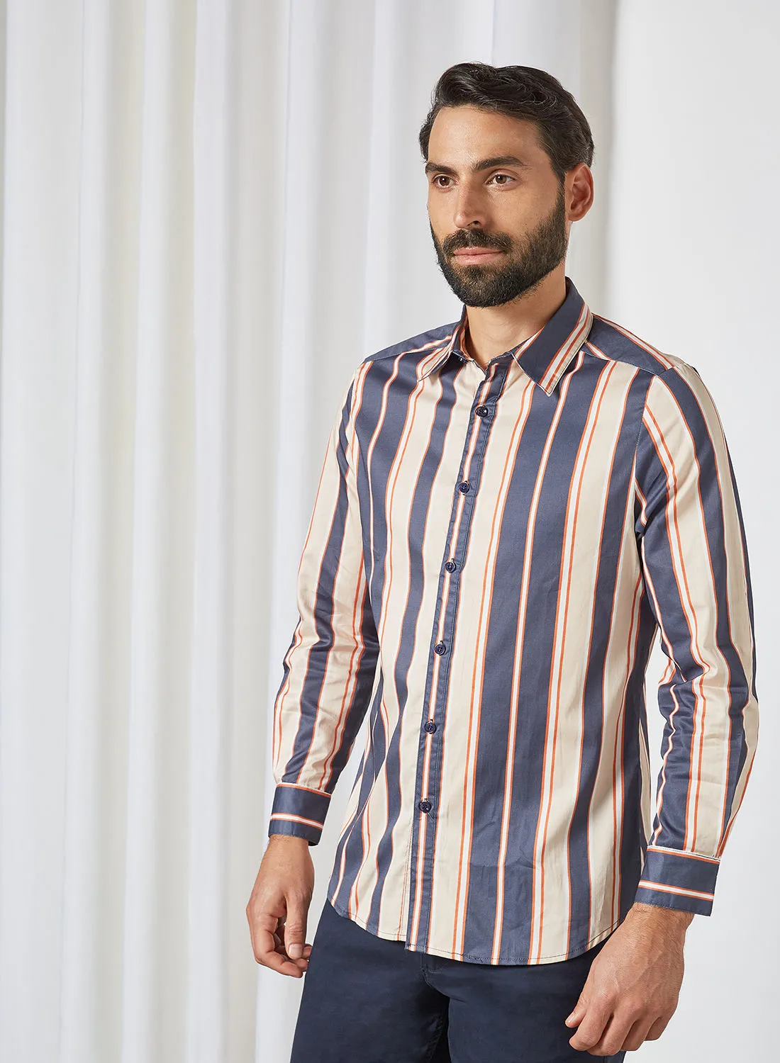 Sivvi x D'Atelier Striped Slim Fit Shirt Dark blue/Orange Stripes