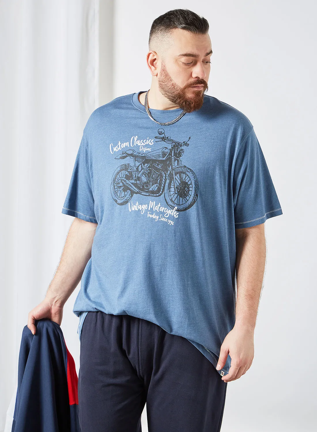 D555 Plus Size Motorcycle Print T-Shirt Blue