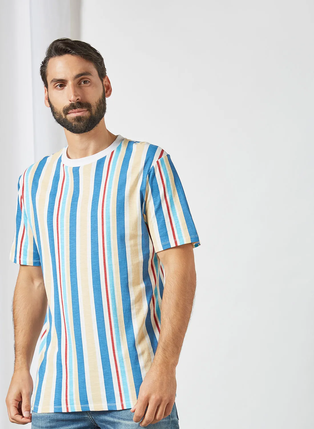 STATE 8 All-Over Stripe T-Shirt بني / أزرق مخطط