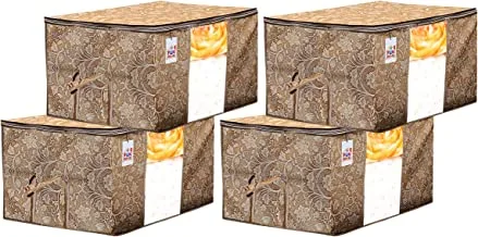 Fun Homes Metalic Printed 4 Pieces Non Woven Fabric Underbed Storage Bag,Cloth Organiser,Blanket Cover with Transparent Window (Beige)