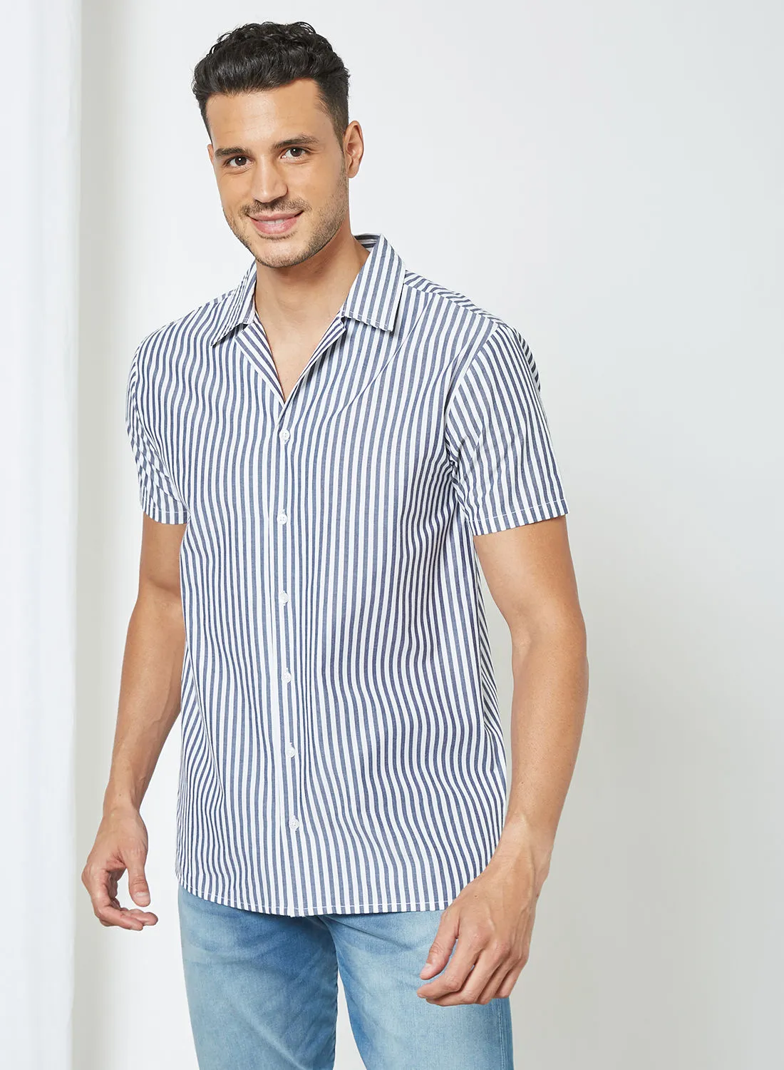 Sivvi x D'Atelier Short Sleeve Stripe Print Shirt Blue/ Navy stripe