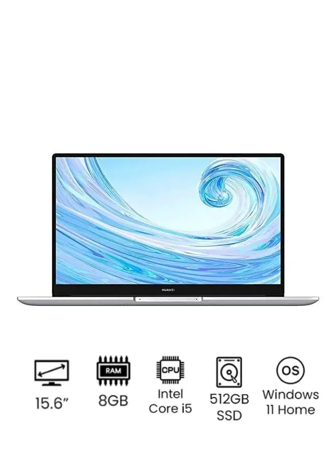 HUAWEI MateBook D 15 Laptop With 15.6-Inch Full HD Display, Core i5-1155G7 Processor/8GB RAM/512GB SSD/Windows 11 Home/ English/Arabic Mystic Silver