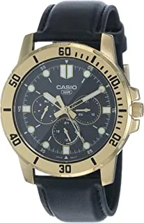 Casio Watch Multi Hands Analog Men,Date, day and 24-hour indicator, Black Dial,Leather Band,Gold Ion Plated Case MTP-VD300GL-1EUDF