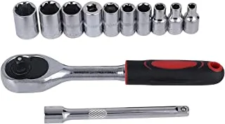 Lawazim Professional Drive Socket Wrench Set 12 Piece Silver/Black/Red | Bit Socket Set Metric and Extension Bar for Auto Repairing and Household
