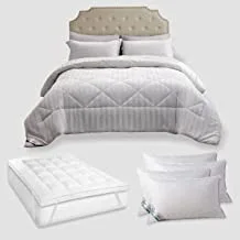DONETELLA Hotel Style Super Saver Package - Includes -King Size-6 Pcs Comforter Set White +Mattress Topper(200x200+8cm)+4 Pillows(1000 gram) (Dove Grey)