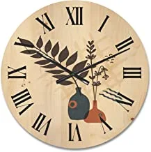 DesignQ 'Ancient Boho Art Minimalistic Flowers I' Modern Wood Wall Clock Large Decorative Floral & Botanical Wall Clock Oversized Wood Clocks for Living Room Décor