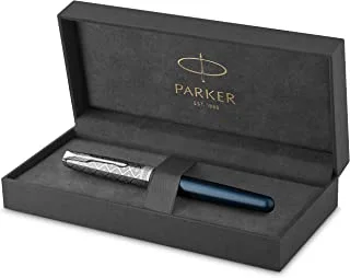 PARKER Sonnet Fountain Pen | Premium Metal and Blue Satin Finish with Chrome Trim | Fine 18k Gold Nib with Black Ink Cartridge | Gift Box