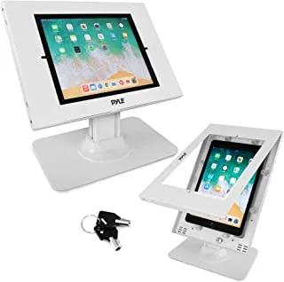 Anti Theft Tablet Security Stand - Table Mount Desktop Ipad Kiosk Stand w/ Lock and Key Mechanism, 90° Rotate 75° Tilt - iPad, iPad Air, iPad Pro, Samsung Galaxy Tab A (2021) - Pyle PSPADLK18 , White