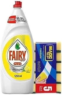 Fairy Plus and Maog Dishwashing Bundle (Fairy Plus Lemon 1.25L + Maog Sponge Scrubber, Laminate, 5 Pcs)