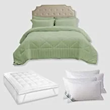 DONETELLA Hotel Style Super Saver Package - Includes -King Size-6 Pcs Comforter Set White +Mattress Topper(200x200+8cm)+4 Pillows(1000 gram) (Sage) (لباد فندقي قطن, طقم لحاف سرير فندقي)