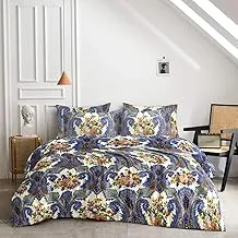 Sandy High Quality Fitted Sheet and Pillow Case, Bed Sheet 2-Pieces Set, Twin/Single Size 100X200 + 25 cm, Floral Beige & Blue #979/4, Breathable & Ultra Soft