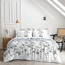 Sandy High Quality Fitted Sheet and Pillow Case, Bed Sheet 2-Pieces Set, Twin/Single Size 100X200 + 25 cm, Floral White & Blue #977/1, Breathable & Ultra Soft