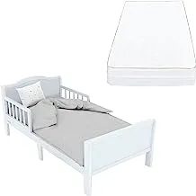 سرير MOON الخشبي للأطفال الصغار (143 × 73 × 60) - رمادي + مرتبة Moon Ventiflow مقاس 140 × 70 × 10 سم، مرتبة سرير أطفال صغار، مرتبة أطفال فاخرة قابلة للتنفس للرضع والأطفال الصغار - أبيض