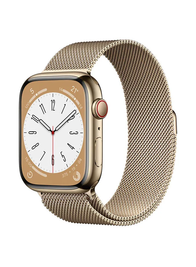 Apple Watch Series 8 GPS + هيكل من الفولاذ المقاوم للصدأ مقاس 45 ملم مزود بشبكة خلوية مع حلقة ميلانيزية بحلقة ميلانيزية ذهبية
